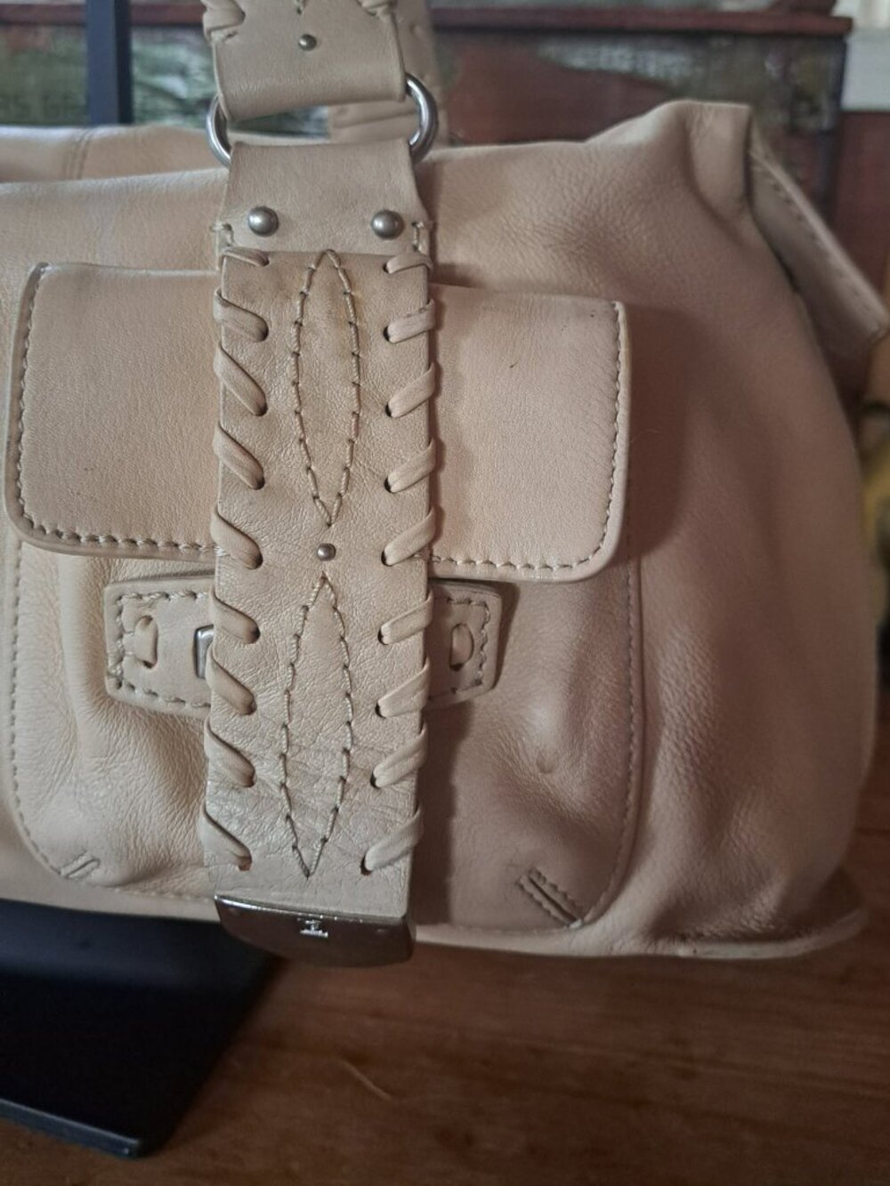 Michael Kors Western Boho Leather Satchel Shoulder Bag Cream Ivory Cargo Pockets - Picture 2 of 13
